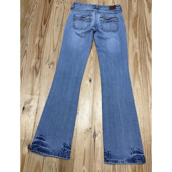 HINT Y2K flare leg denim jeans Womens distressed boho hippie Low Rise blue 27x32 - Picture 2 of 10